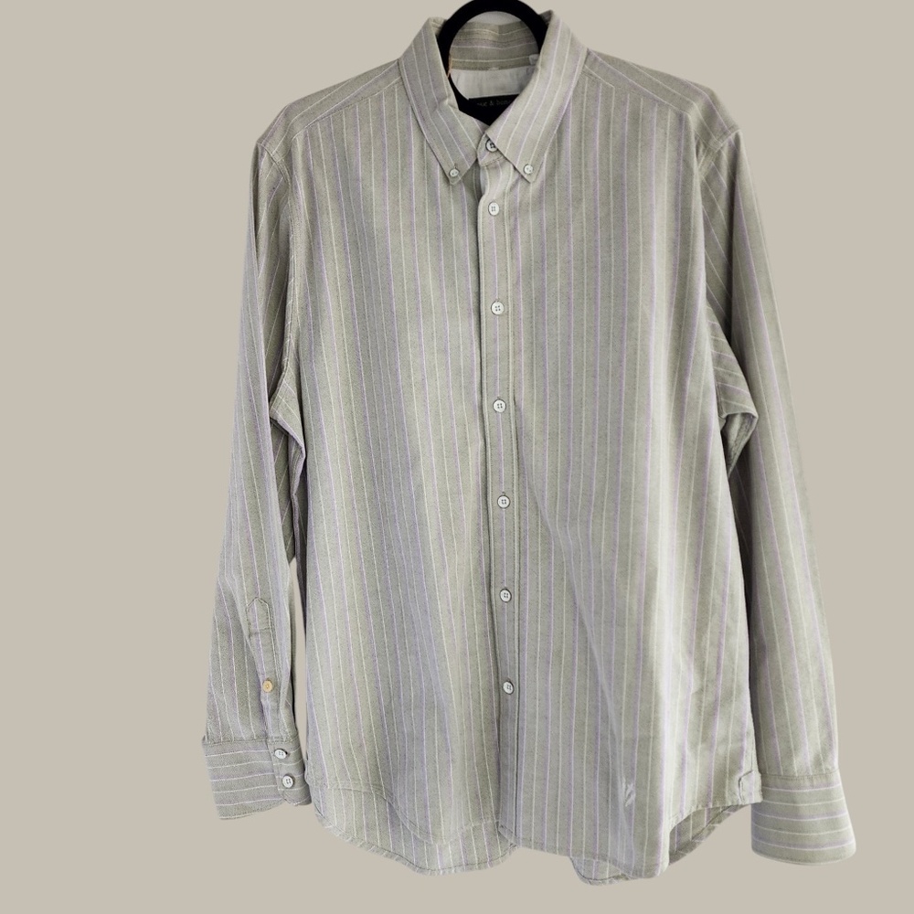 L/S Heavier Cotton Shirt Grey With Lavender And White Pinstripe, Large